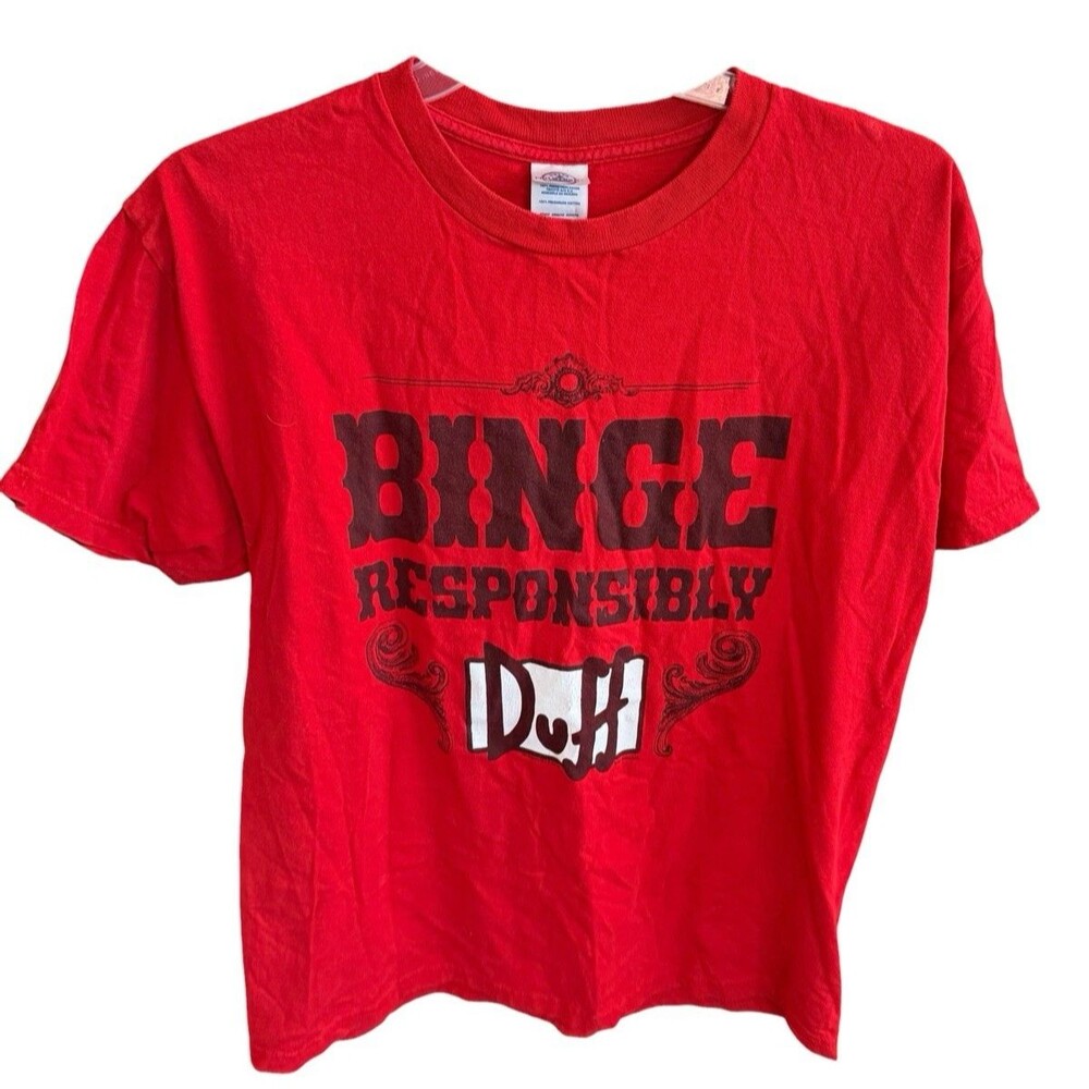 The Simpsons Duff Beer T-Shirt Mens Red Binge Responsibly Graphic Size Large